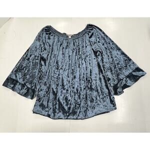 Valerie Stevens Women's 2X Blue Crushed Velvet Bell Sleeve Top Boho Hippie